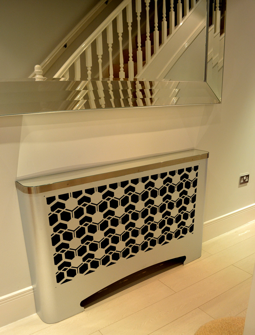 Modern hallway radiator cover in geometric CUBIC design – laser cut