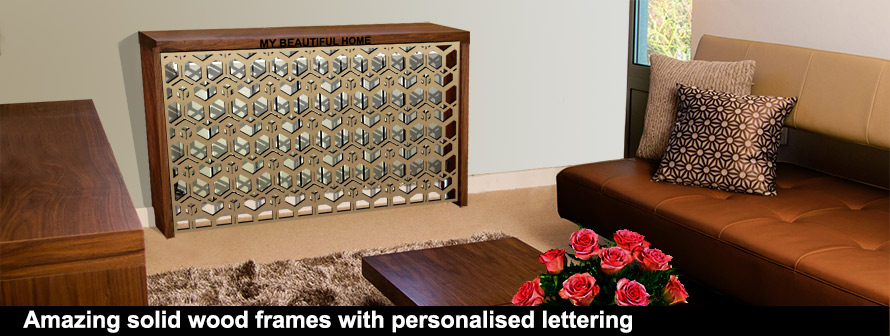 Solid wood radiator covers with CUBIC Brass fretwork panel