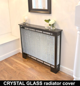 crystal glass beaded radiator cover with satin black frame and marble top