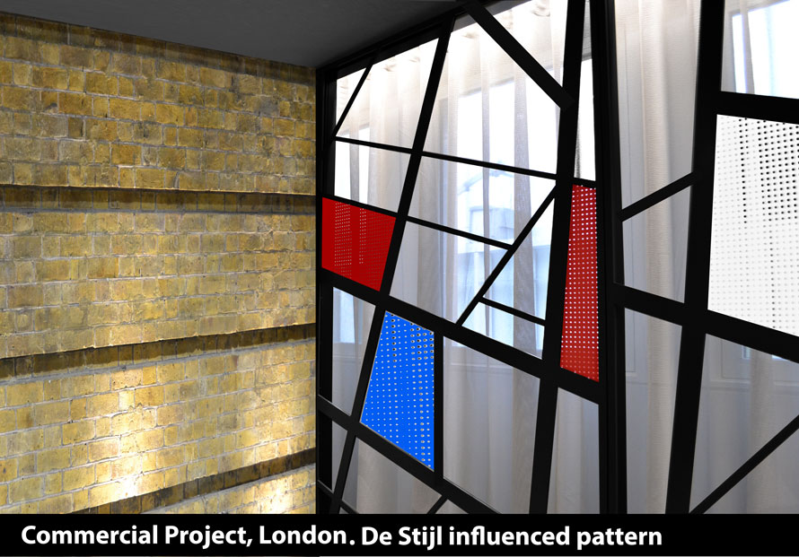 DE Stijl window screens in red black blue