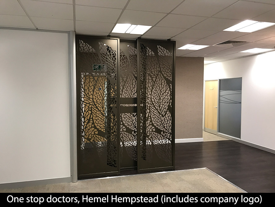 bronze metallic laser cut metal room dividers with company logo