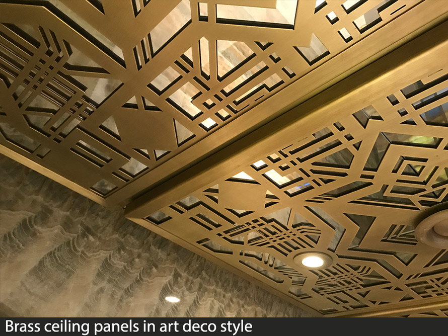 decorative brass fretwork ceiling panels in art deco pattern