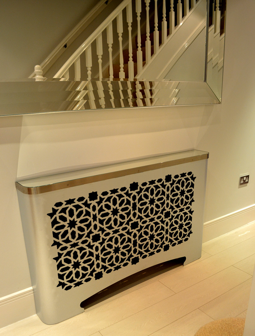 Galvanised Radiator Covers Now With Laser Patterns For Modern Homes And   Hallway Casa Radiator Covers Galvanised With Mirror Top And Arabic Fretwork In SPARK Design 