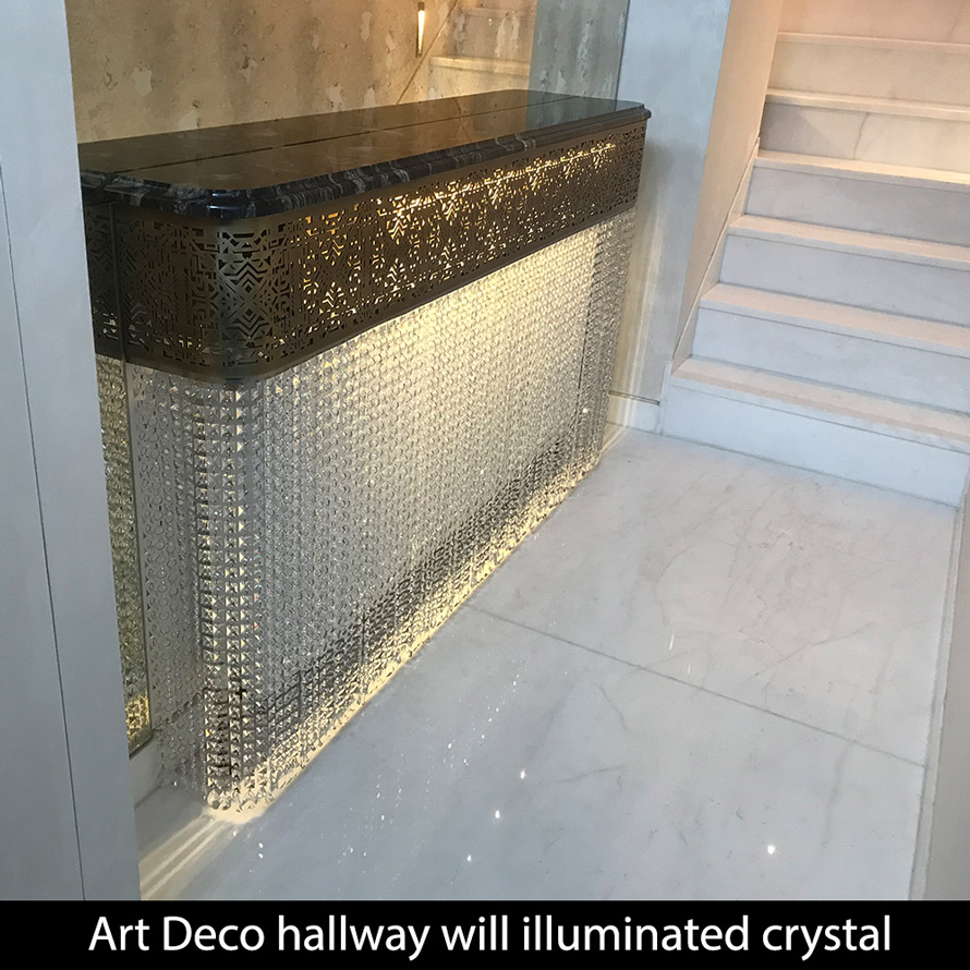 art deco hallways with illuminated crystal