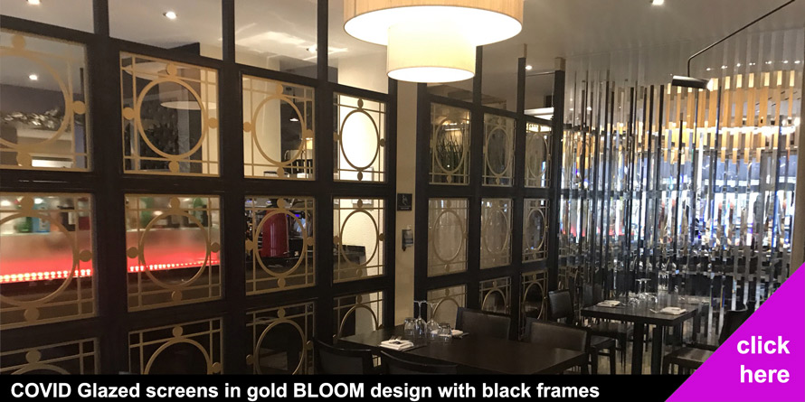 COVID restaurant screens in gold Bloom laser cut patterns