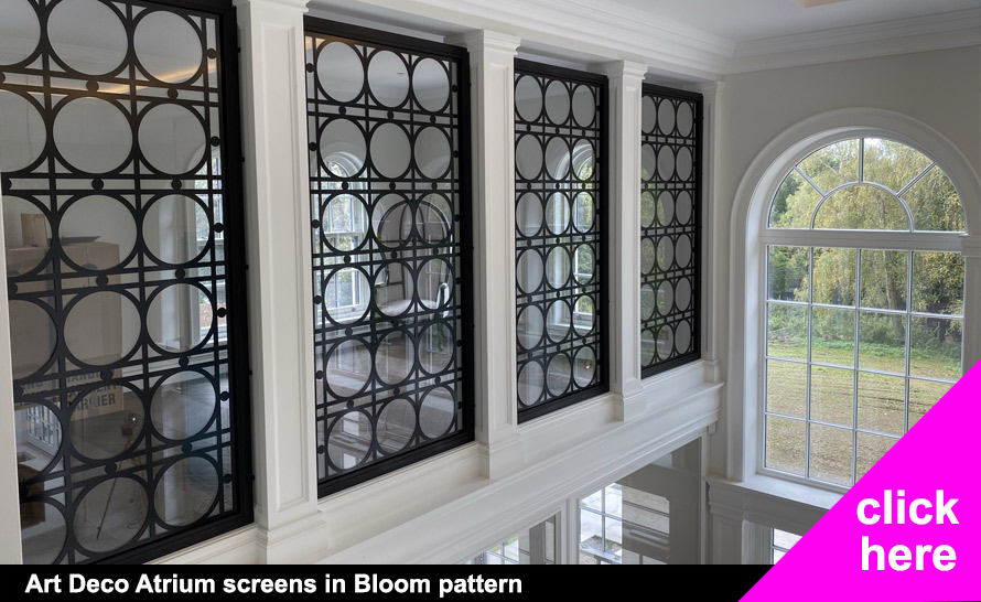 Art Deco atrium screens in black Bloom patterns