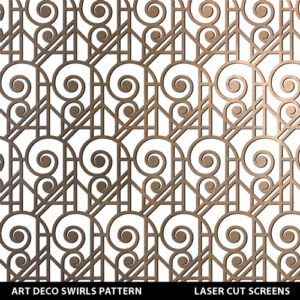 Art deco laser cut fretwork design pattern with swirls in gold colour on white wall