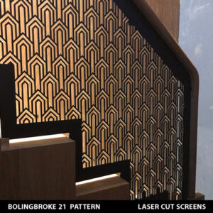 Art deco balustrade in black room on timber stairs