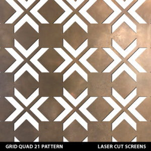 Modern geometric style laser cut fretwork design with squares and diamonds in a gold colour on white wall