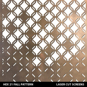 Hex Fall cascading pattern screens in fret cut laser metal in gold colour on white wall