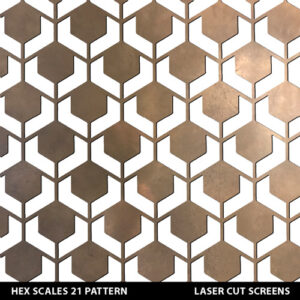 Hex Scales pattern screens in fret cut laser metal hexagons and lines in gold colour on white wall
