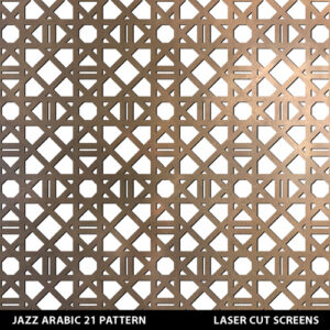 Modern arabic style laser cut fretwork design with hexagons and lines in a gold colour on white wall