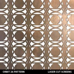 Orbit design laser cut metal fretwork screen in gold brass colour on white wall