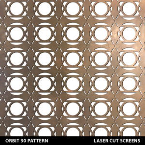 Orbit design laser cut metal fretwork panel in gold colour on white wall