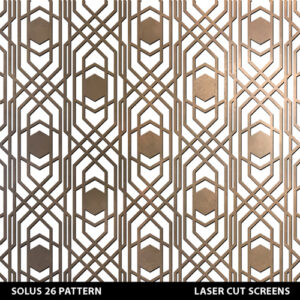 Solus 26 laser cut metal screen fretwork design in gold colour on white wall