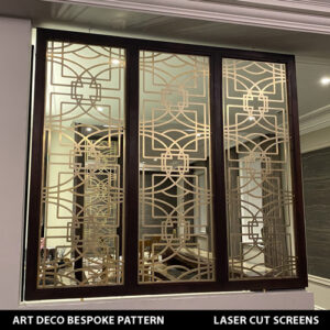 Bespoke Art Deco room divider in brass art deco pattern in wood frame in modern dining room