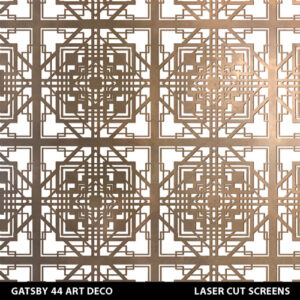 Art deco Gatsby laser cut fretwork screen in brass colour on white background