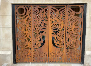 Laser Cut Corten Steel decorative fretwork gates for Peel Cathedral Isle of Man Tree of Life Pattern