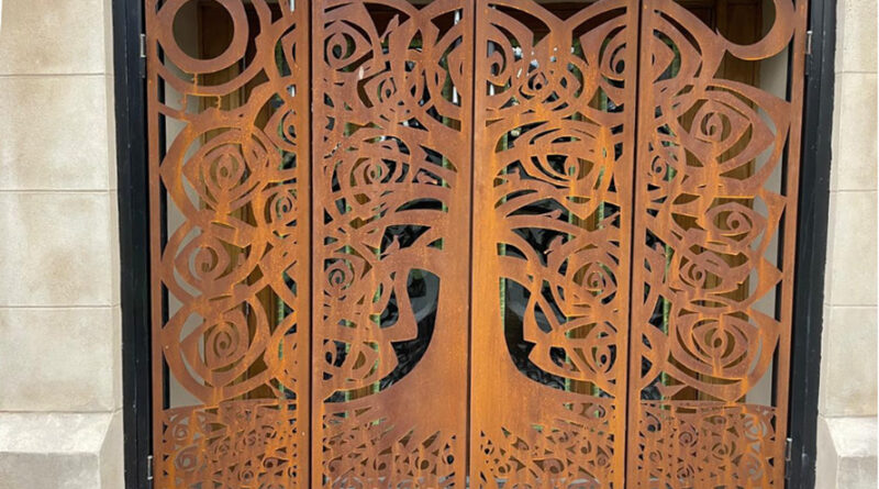 Laser Cut Corten Steel decorative fretwork gates for Peel Cathedral Isle of Man Tree of Life Pattern