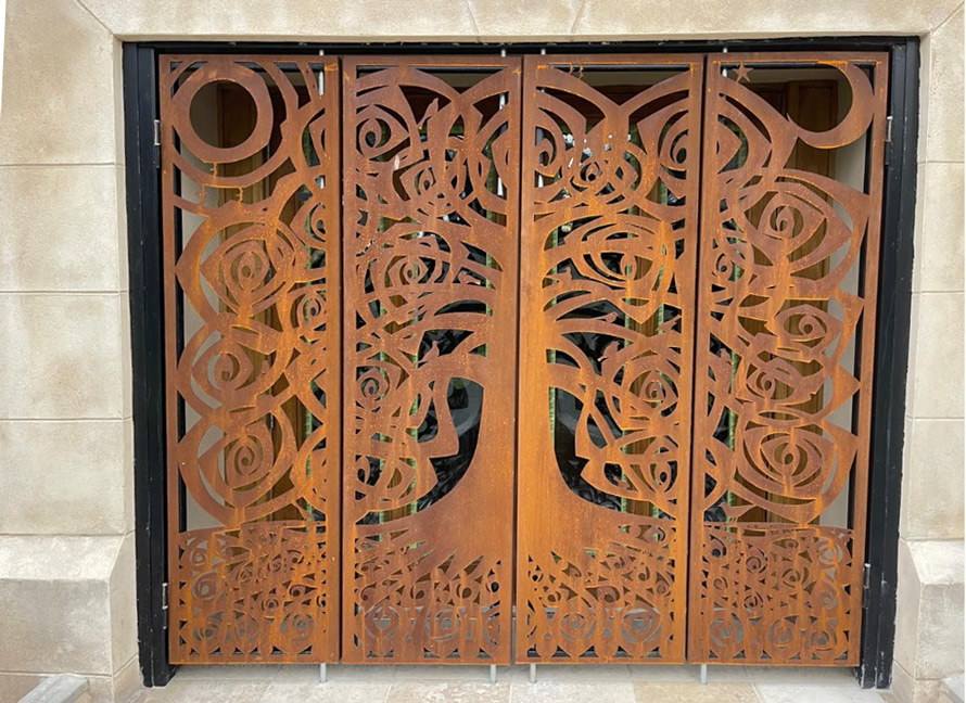 Laser Cut Corten Steel decorative fretwork gates for Peel Cathedral Isle of Man Tree of Life Pattern