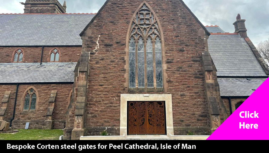 Laser Cut Corten Steel decorative gates for Peel Cathedral Isle of Man